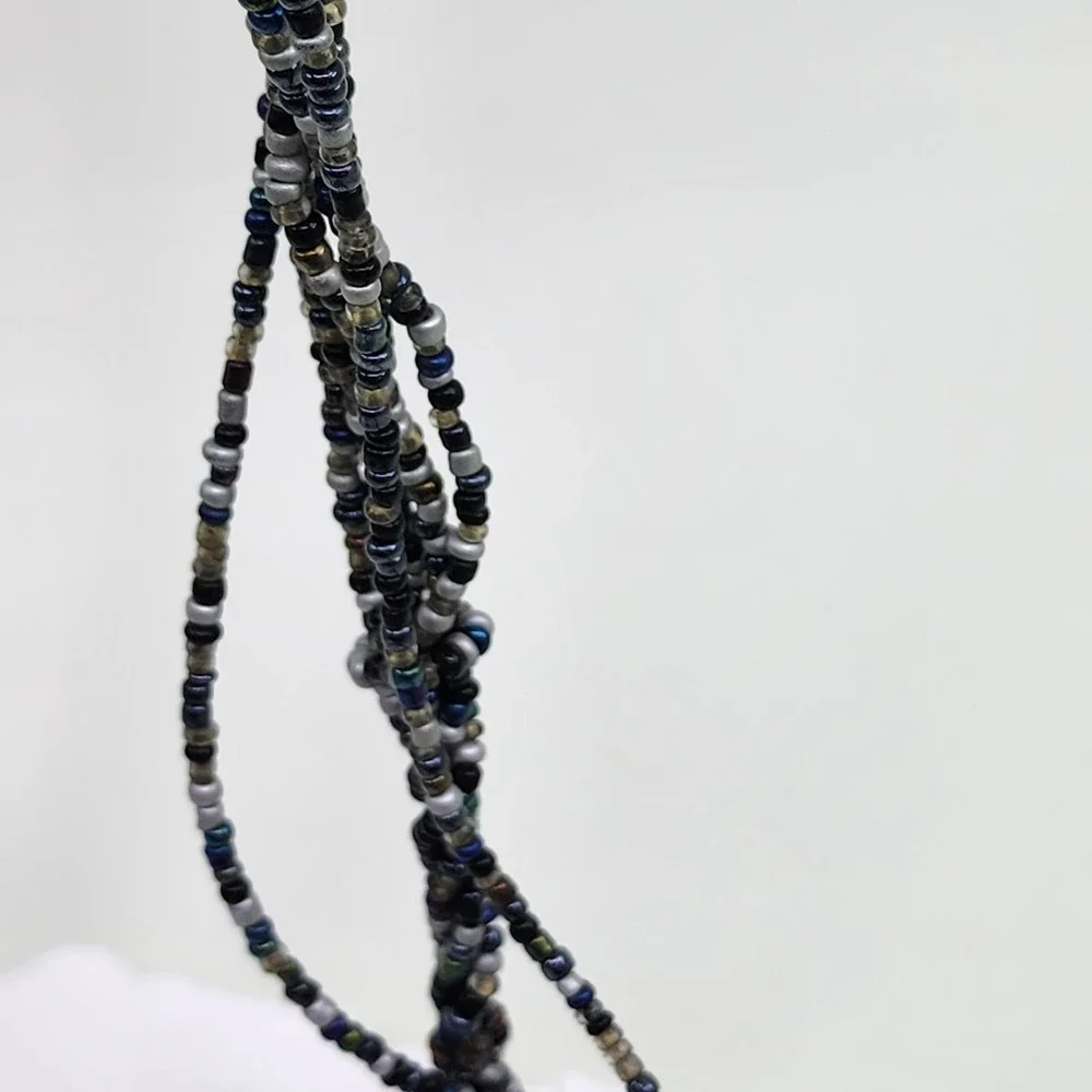 Multi Strand Black Seed Bead Necklace Gray Faux Pearl Boho Statement Layered